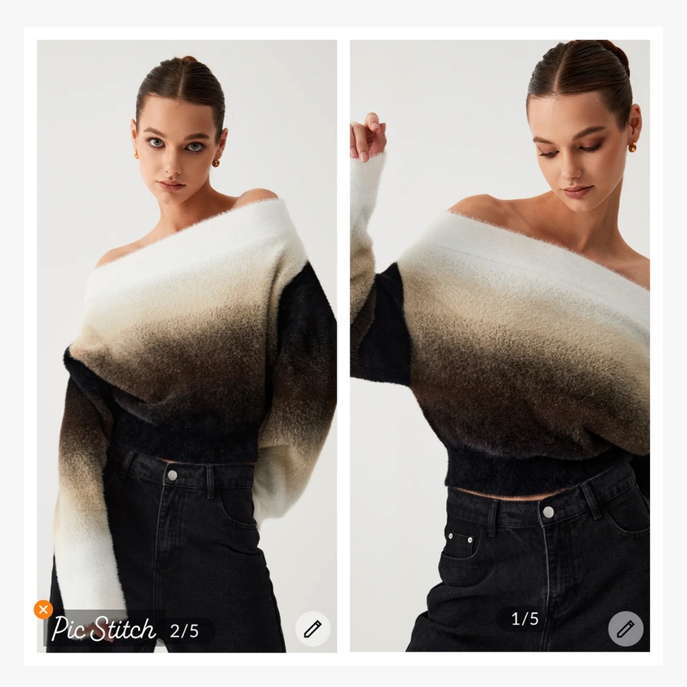 Commense Dawn Ombre Fuzzy Off Shoulder Crop Sweater